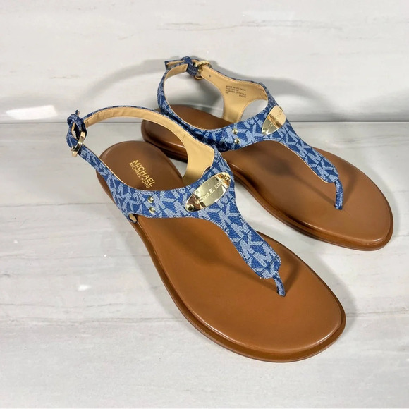 Michael Kors Plate Flat Thong Sandal Blue Denim Monogram Womens Size 8 - Picture 1 of 12